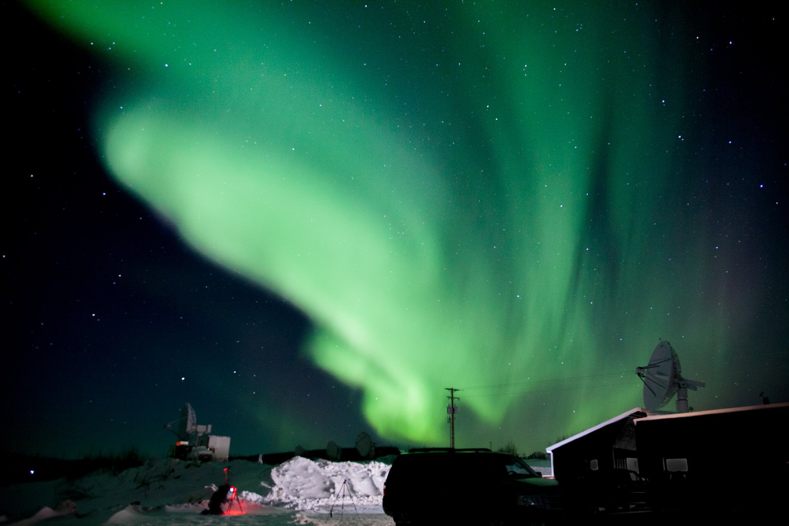 Green aurora above the snowy Poker Flat Research Range in Alaska on Feb. 16, 2017.