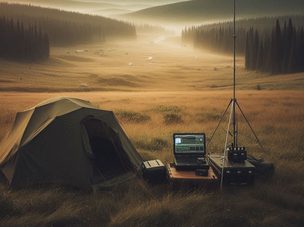 image of tent overlooking a misty valley at sunset. radio equipment is setup nearby.
