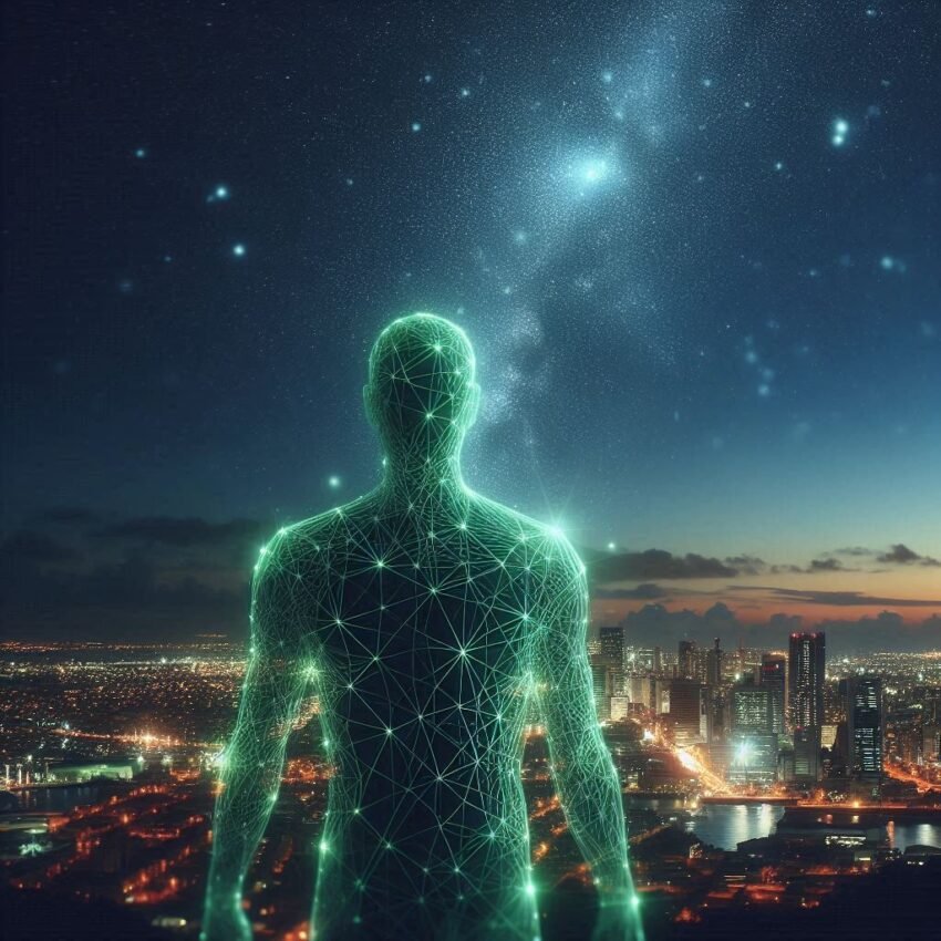 futuristic stylized silhouette of man looking down on cityscape at night.