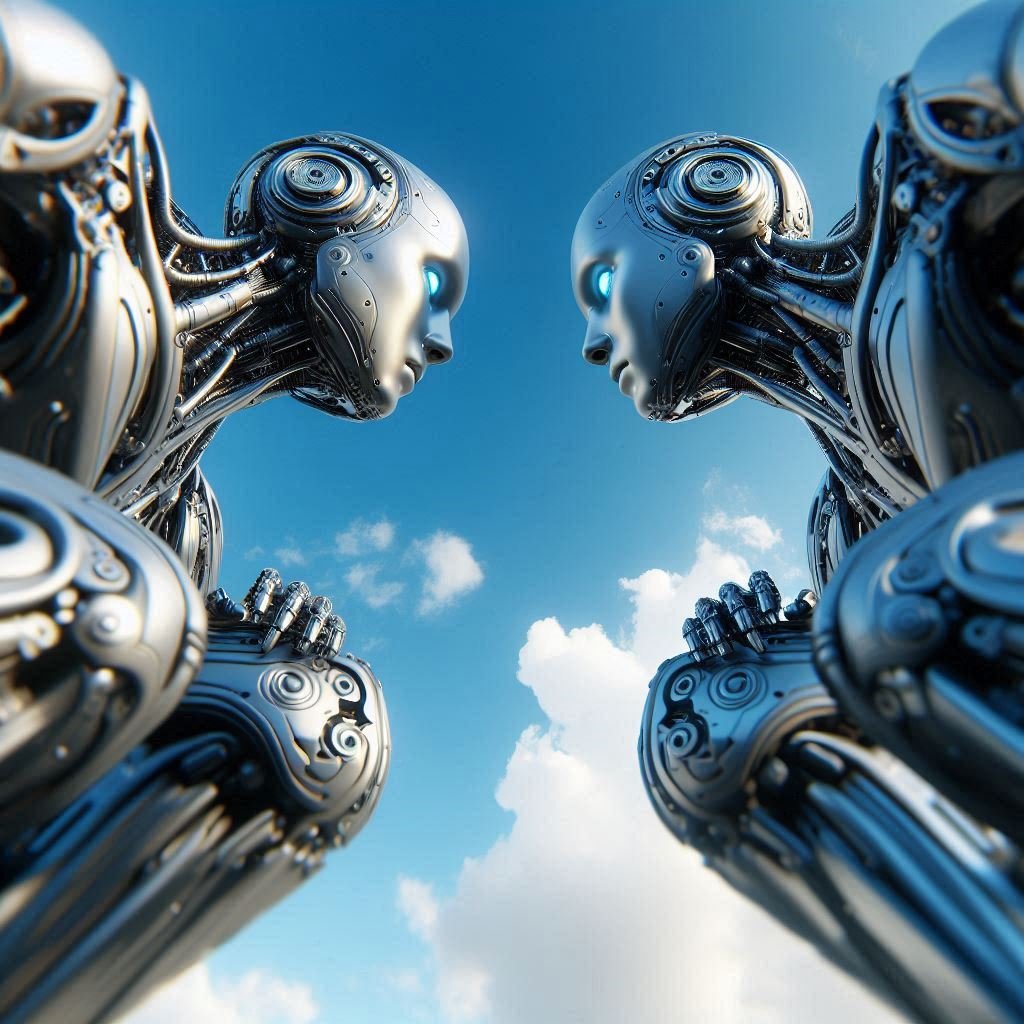 Two robots stare into each other's eyes.