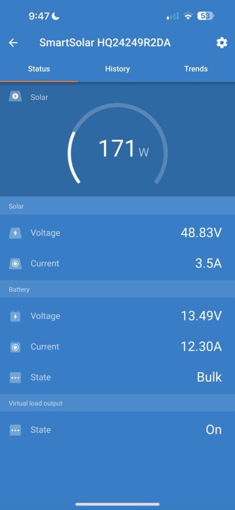 Victron Energy SmartSolar app for iPhone screen shot show 171 solar watts generated.