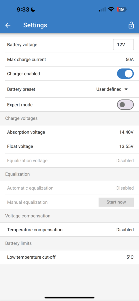 Victron Energy SmartSolar app for iPhone offers many customization options to control charging.