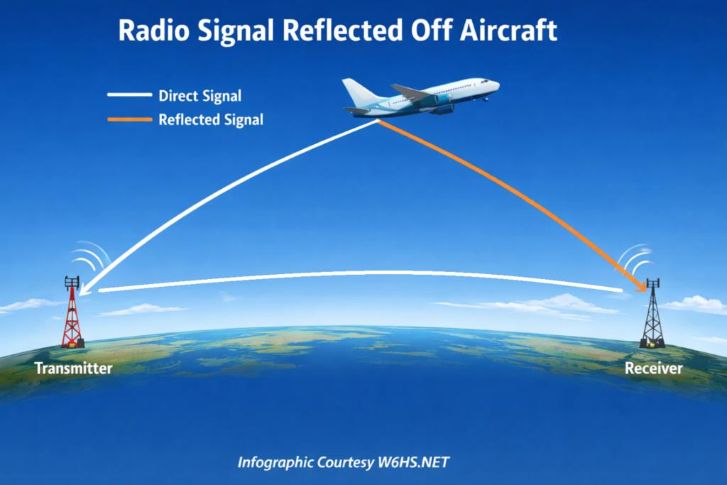Infographic depicting radio signals propagating both in a straight line and by taking a route that reflects off an aircraft.