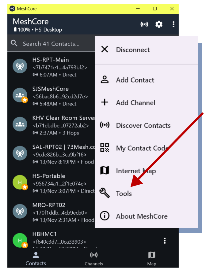 Screen shot of MeshCore app with Main Menu displayed and an arrow highlighting the Tools option.