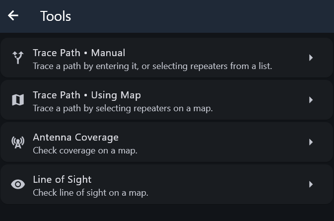 Screen shot of MeshCore app showing the Tools Menu.