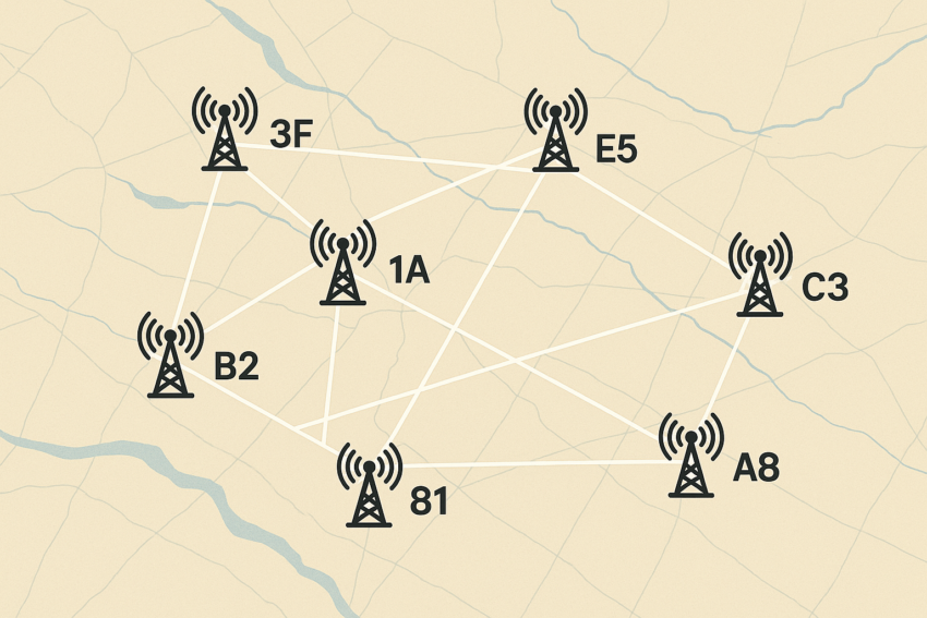 Illustration depicting several nodes in a mesh network configuration.