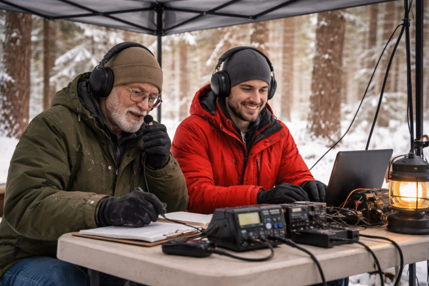 Two hams making contacts during Winter Field Day. Setup outdoors under a canopy.