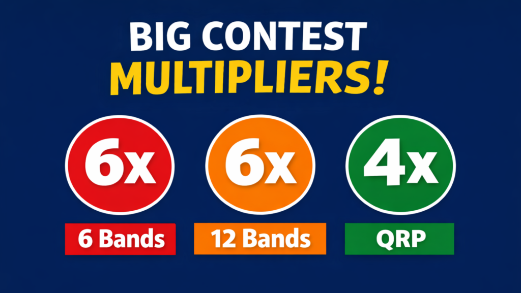 Infographic: Big Contest Multipliers! 6x 6 bands; 6x 12 bands; 4x QRP.
