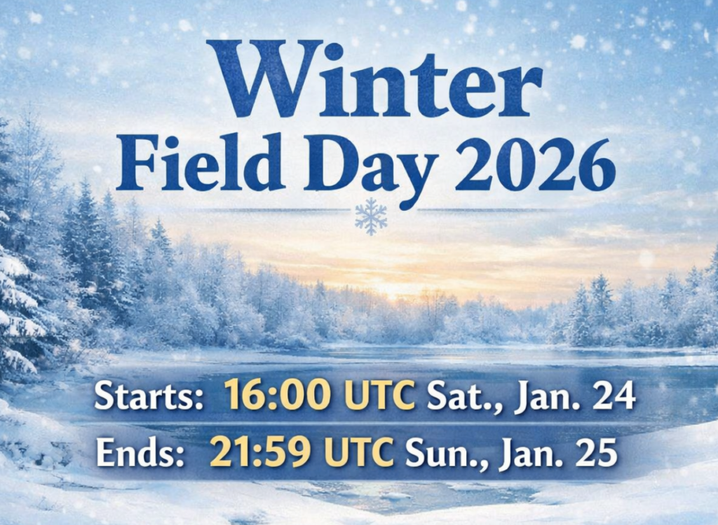 Infographic: Winter Field Day starts 16:00 UTC on Sat., Jan. 24 and ends at 21:59 UTC on Sun., Jan. 25.
