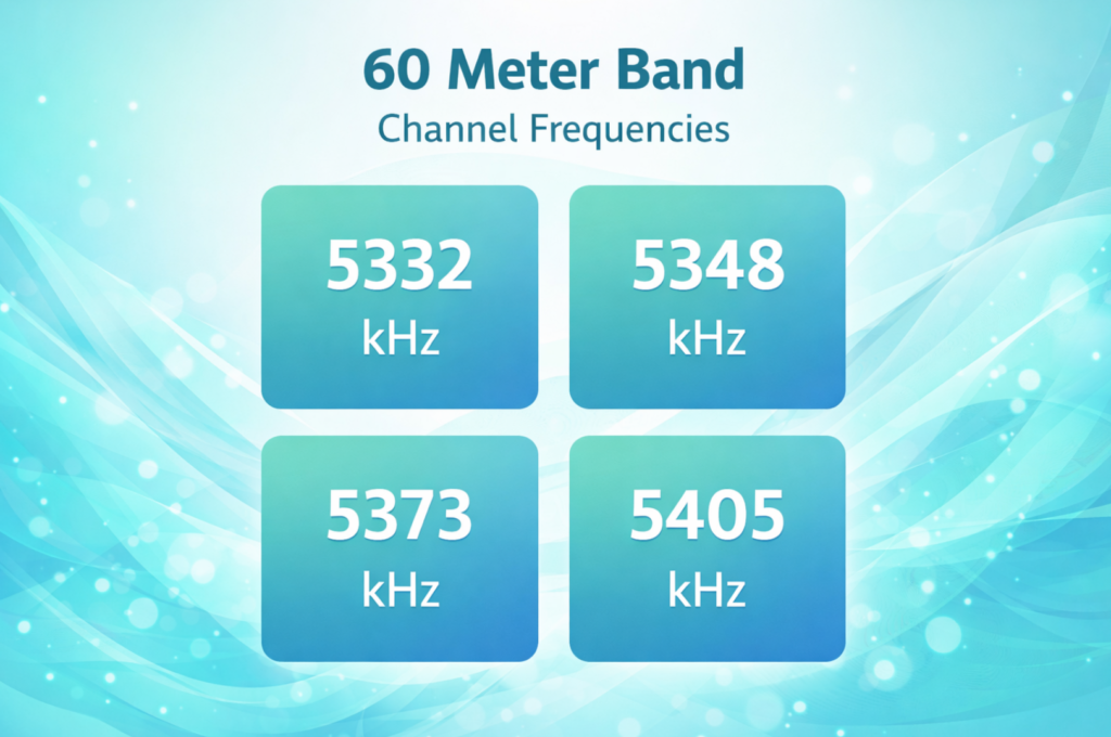 60-meter Band center frequencies listed in a table.
