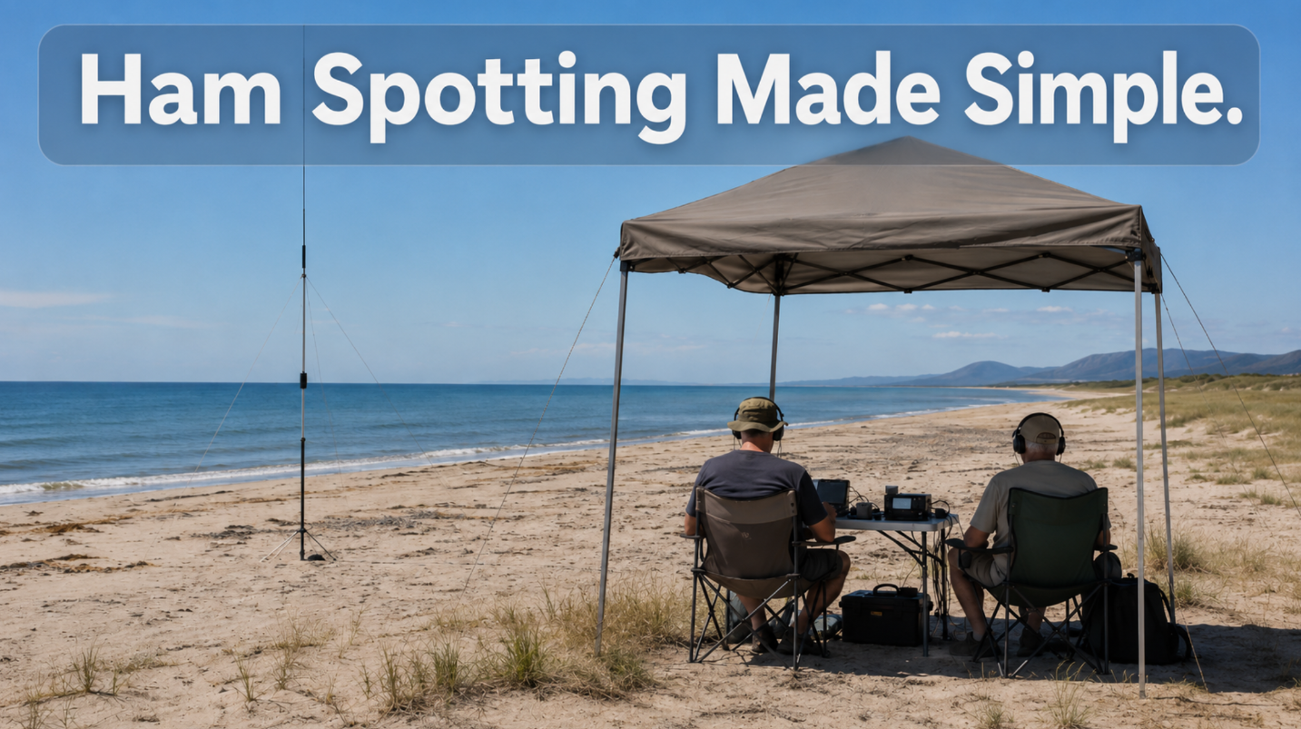 Two people sit under a canopy on a sandy beach, operating radio gear as the ocean waves roll in, with a large 'Ham Spotting Made Simple' banner overhead.