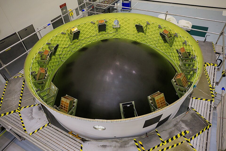 CubeSat payloads arranged around the inside of the Artemis I stage adapter.