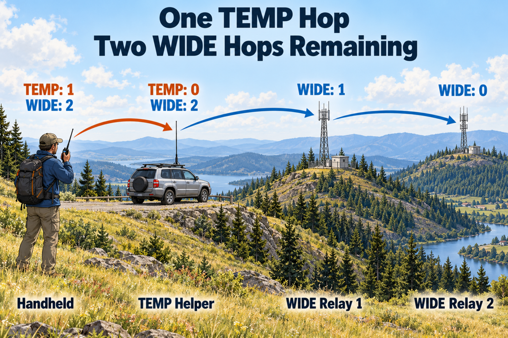 Illustration of a hiker’s handheld transmitting through a vehicle’s TEMP helper to two WIDE digipeaters. Counters show one TEMP hop followed by two WIDE hops.